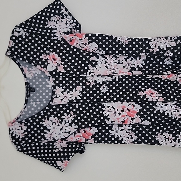 Sami & Jo Black w/ Polka Dots & Pink & White Floral Flowers Short Sleeve Dress S - Picture 4 of 11